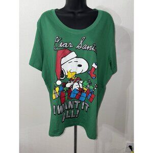 Peanuts Snoopy Woodstock  Christmas Santa Short Sleeve T-Shirt  Women 2 XL 18-20